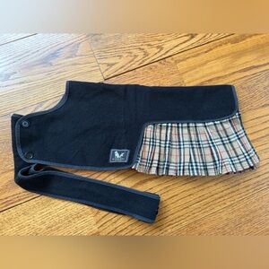 Burberry Black Wool Skirted Dog Coat with Classic Check Pleat